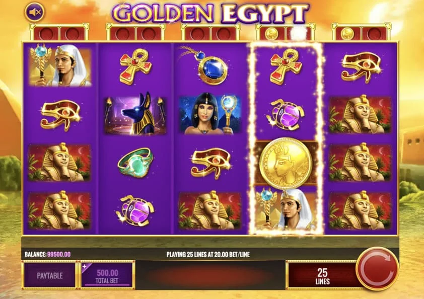 لقطة من سلوت Golden Egypt برموز مصرية قديمة، ويمكن لعب اللعبة أونلاين بسهولة عبر منصة Avabet.