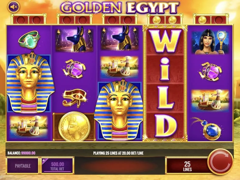 واجهة لفري سبينز في سلوت Golden Egypt مع رموز فرعونية مذهلة، ومتاحة للعب أونلاين على Avabet.