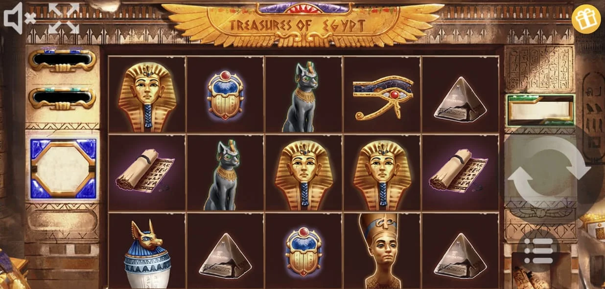 واجهة سلوت Treasures of Egypt برموز فرعونية قديمة، ويمكن لعب هذا السلوت أونلاين عبر منصة Avabet.