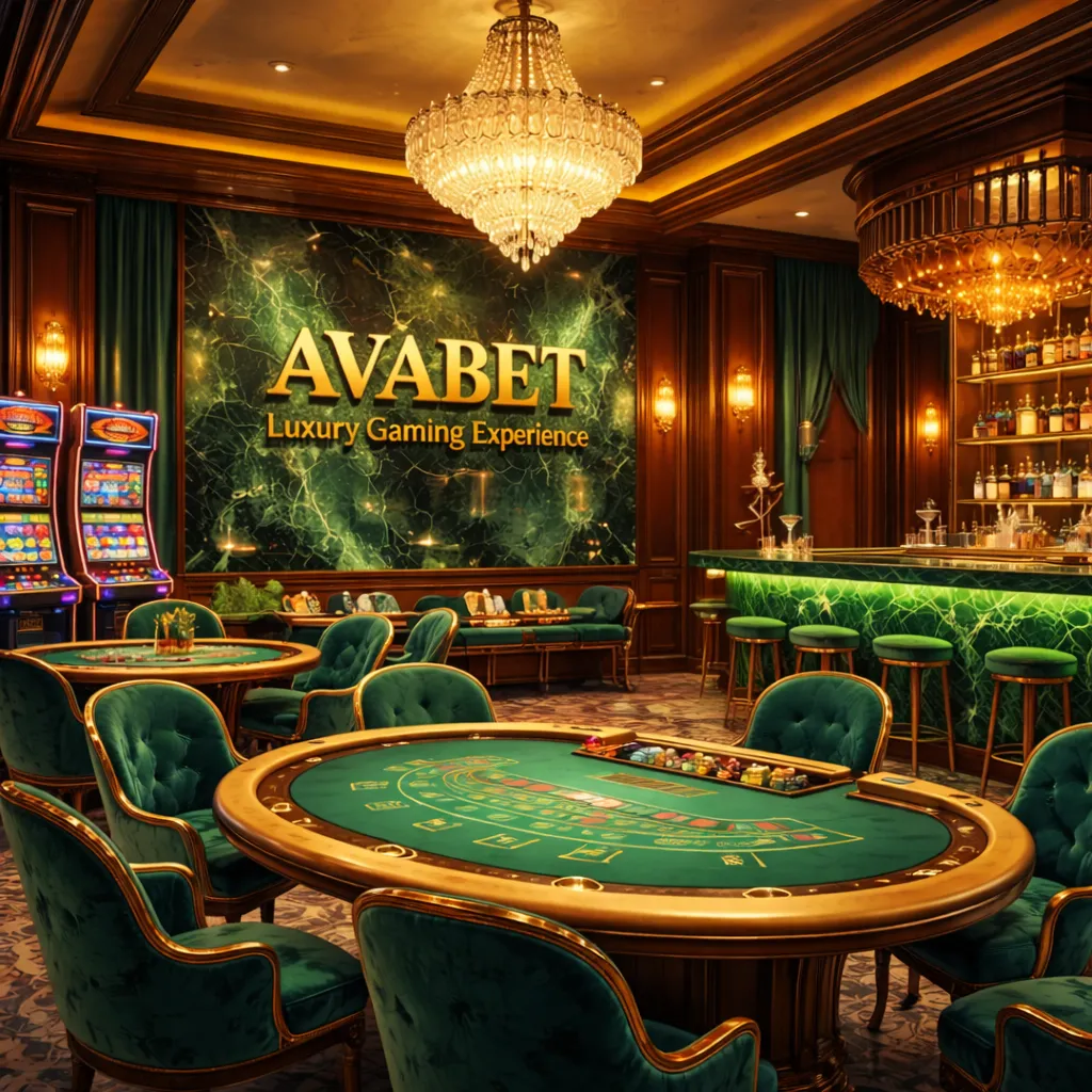 ديكور فاخر لكازينو AVABET مع طاولات دائرية وبار وآلات قمار حديثة.